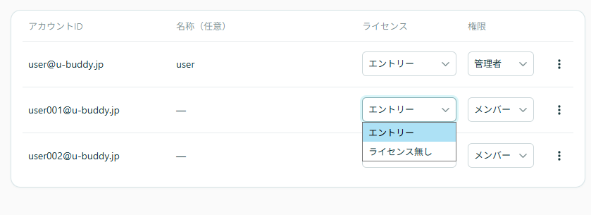 ユーザー一覧のライセンス欄を開き、「エントリー」「ライセンス無し」を選択する